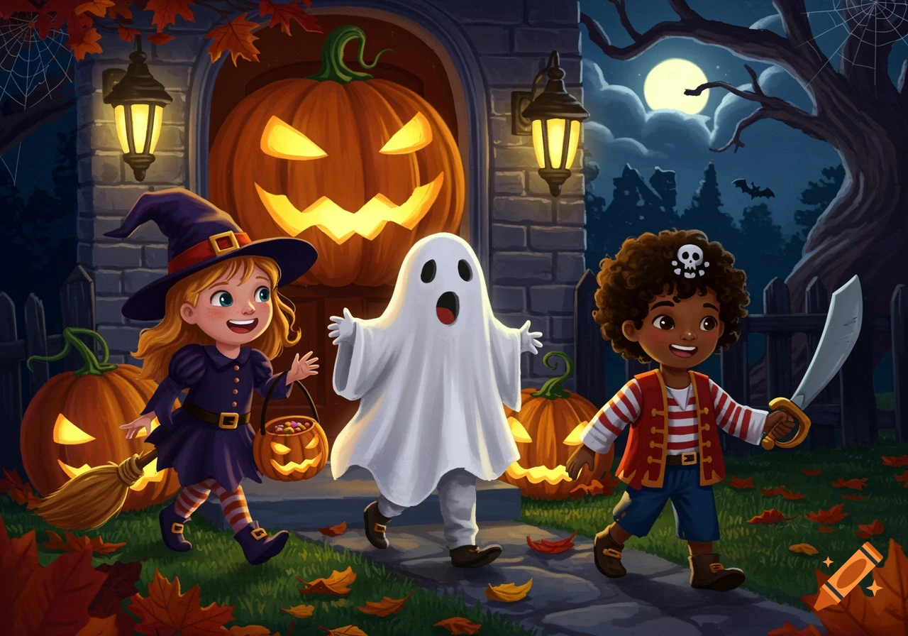 Three children dressed as a witch, ghost, and pirate trick-or-treating on Halloween night.