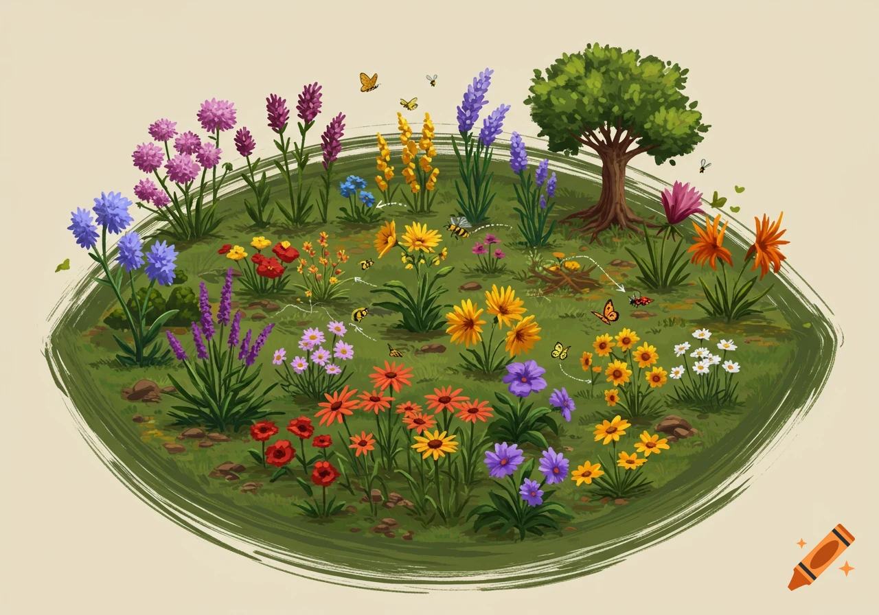 A vibrant, diverse illustration of a garden with various colorful flowers, a tree, and pollinators like bees and butterflies, surrounded by green brushstrokes.
