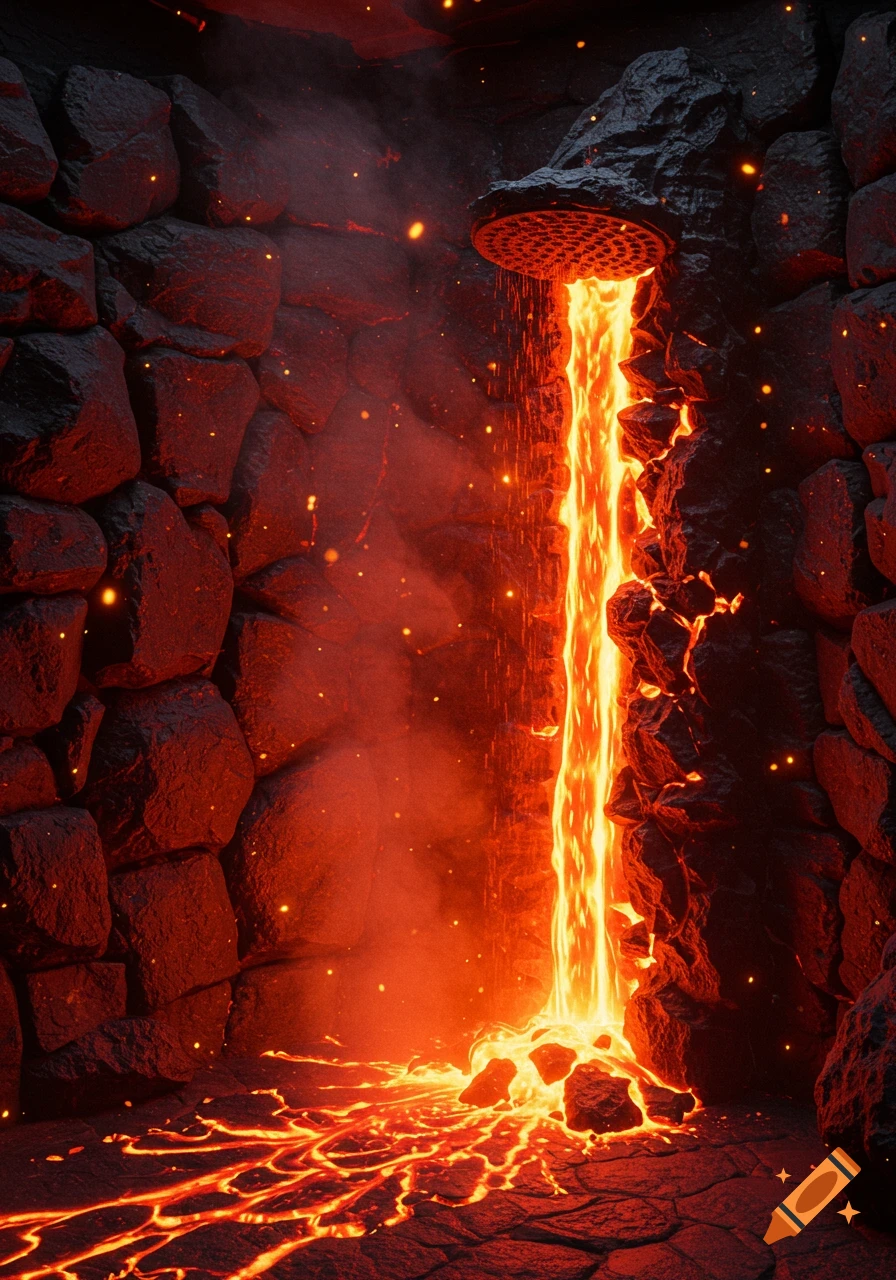 A dark, cavernous chamber with rough stone walls, illuminated by a showerhead spouting bright orange molten lava that flows onto the floor.