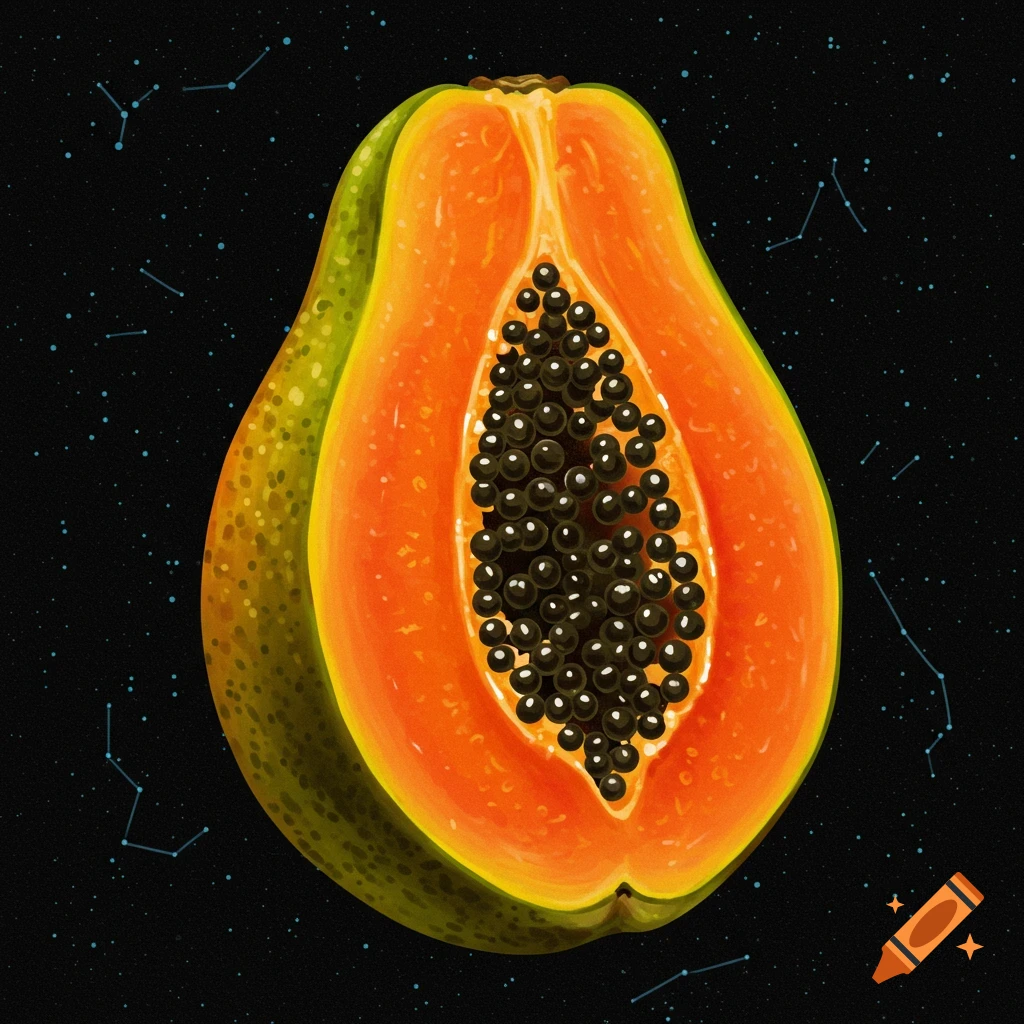 A cross-section of a ripe papaya with black seeds, set against a dark starry sky with blue constellations, in an illustrative style.