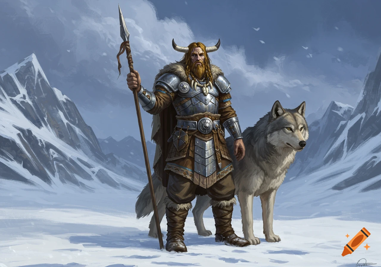 A bearded barbarian in horned helmet and armor stands with a wolf on a snowy tundra, holding a spear.