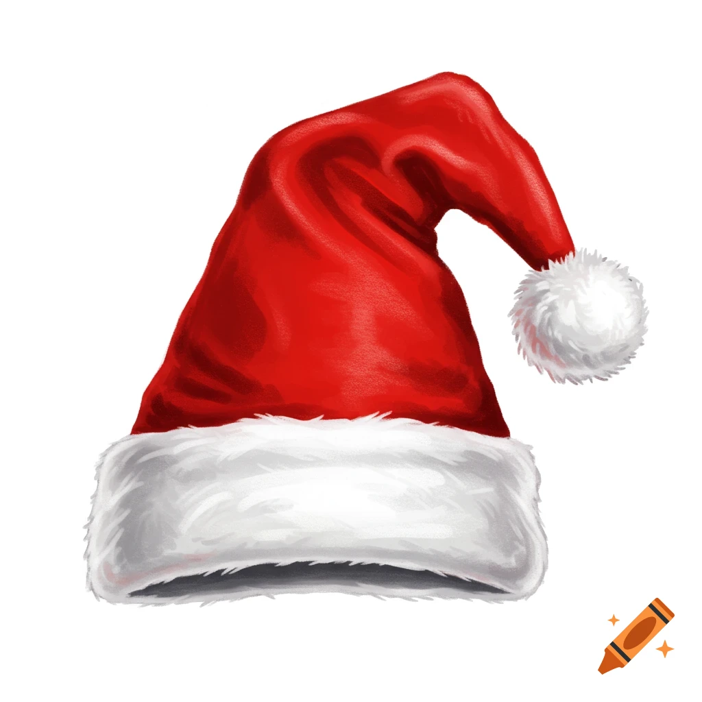 A bright red Santa hat with a white fur brim and a white pom-pom on the top, set against a white background.