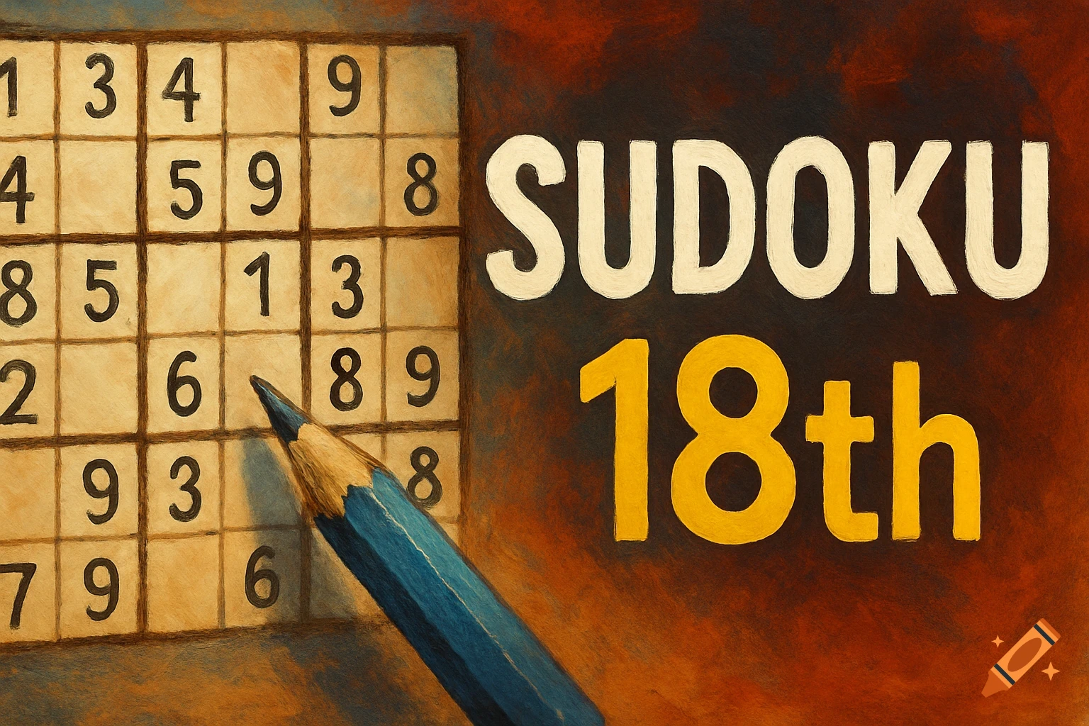 A textured illustration of a Sudoku board with a pencil, featuring large white 'SUDOKU' text and yellow '18th'.