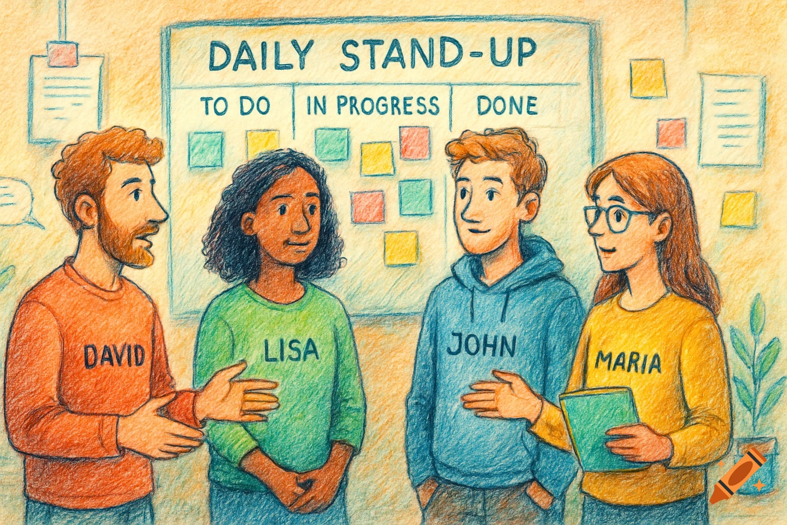 Colorful pencil sketch of four diverse team members (David, Lisa, John, Maria) at a daily stand-up meeting in front of a Kanban board.