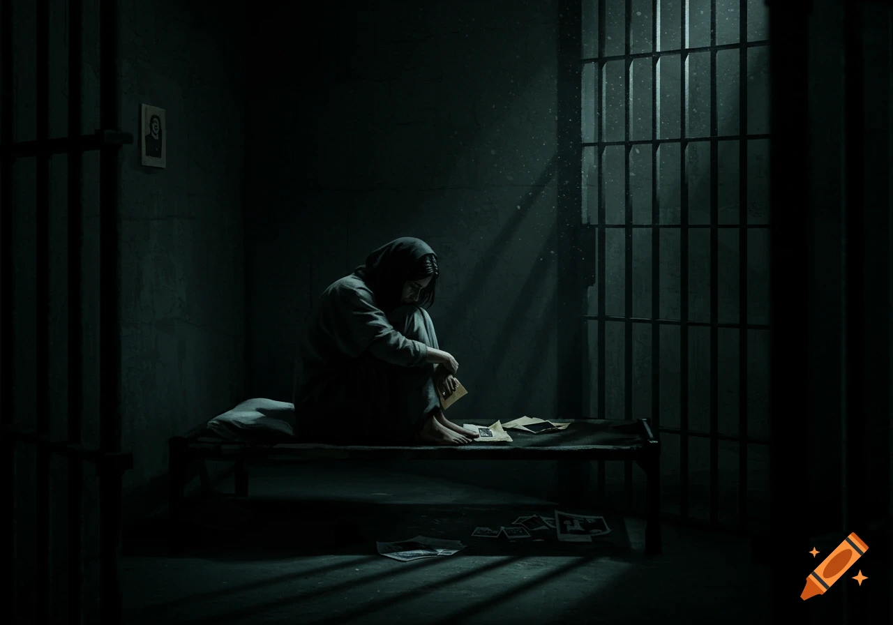 A person sits alone on a bed in a dark prison cell, looking at papers and photos, with light rays filtering through a high window.