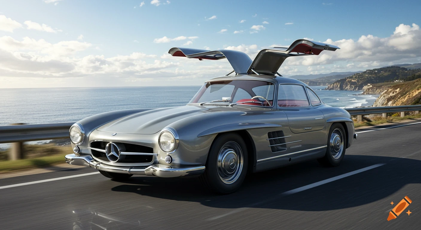 A silver Mercedes-Benz 300 SL Gullwing with its doors open, driving along a coastal highway with the ocean and hills in the background under a blue sky.