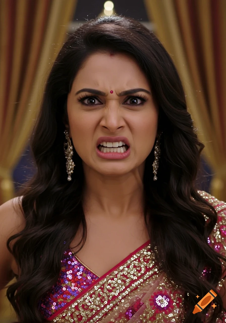 Close-up of an Indian woman in a sequined pink sari with an enraged expression, mouth open, teeth showing.