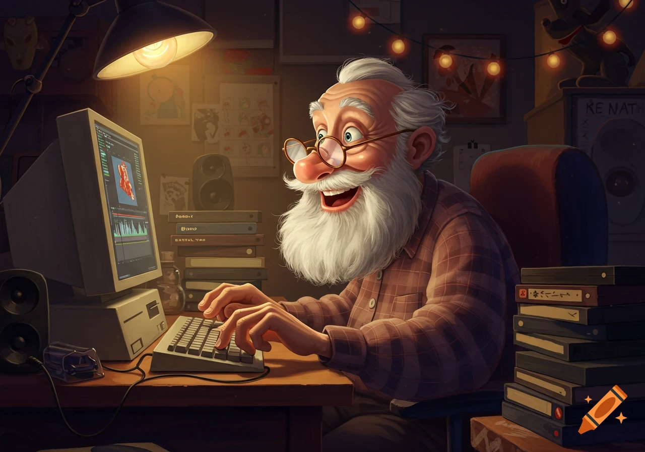 A happy, bearded old man in glasses types on a computer keyboard in a warmly lit room with a desk lamp and fairy lights, in a cartoon art style.