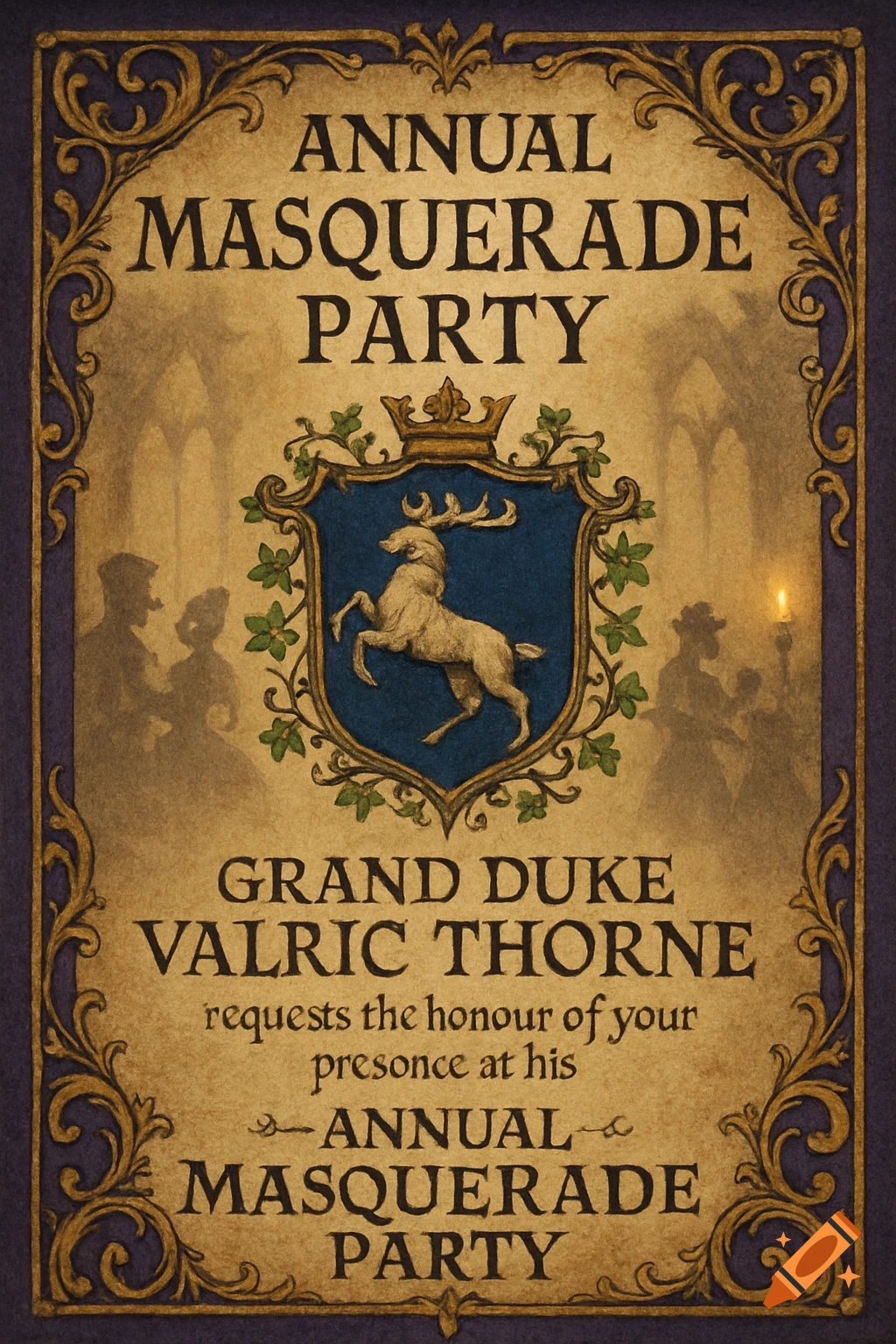 Elegant medieval fantasy masquerade party invitation with stag crest and border.