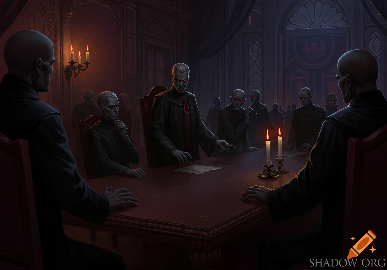 A council of pale, bald, red-eyed vampire-like figures in dark robes meet around a large table in a dimly lit, ornate chamber.