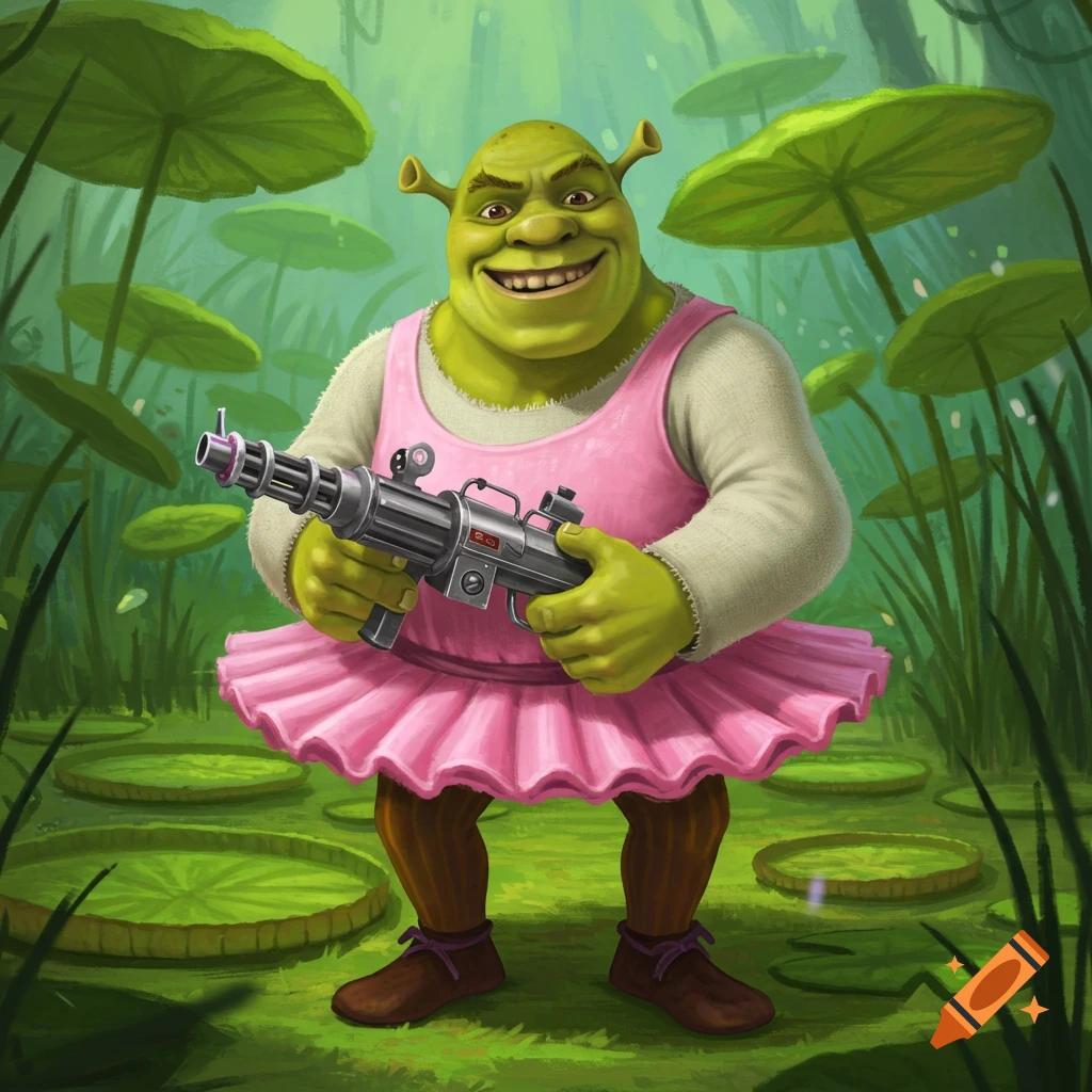 Shrek in a pink tutu holding a minigun in a swamp setting.