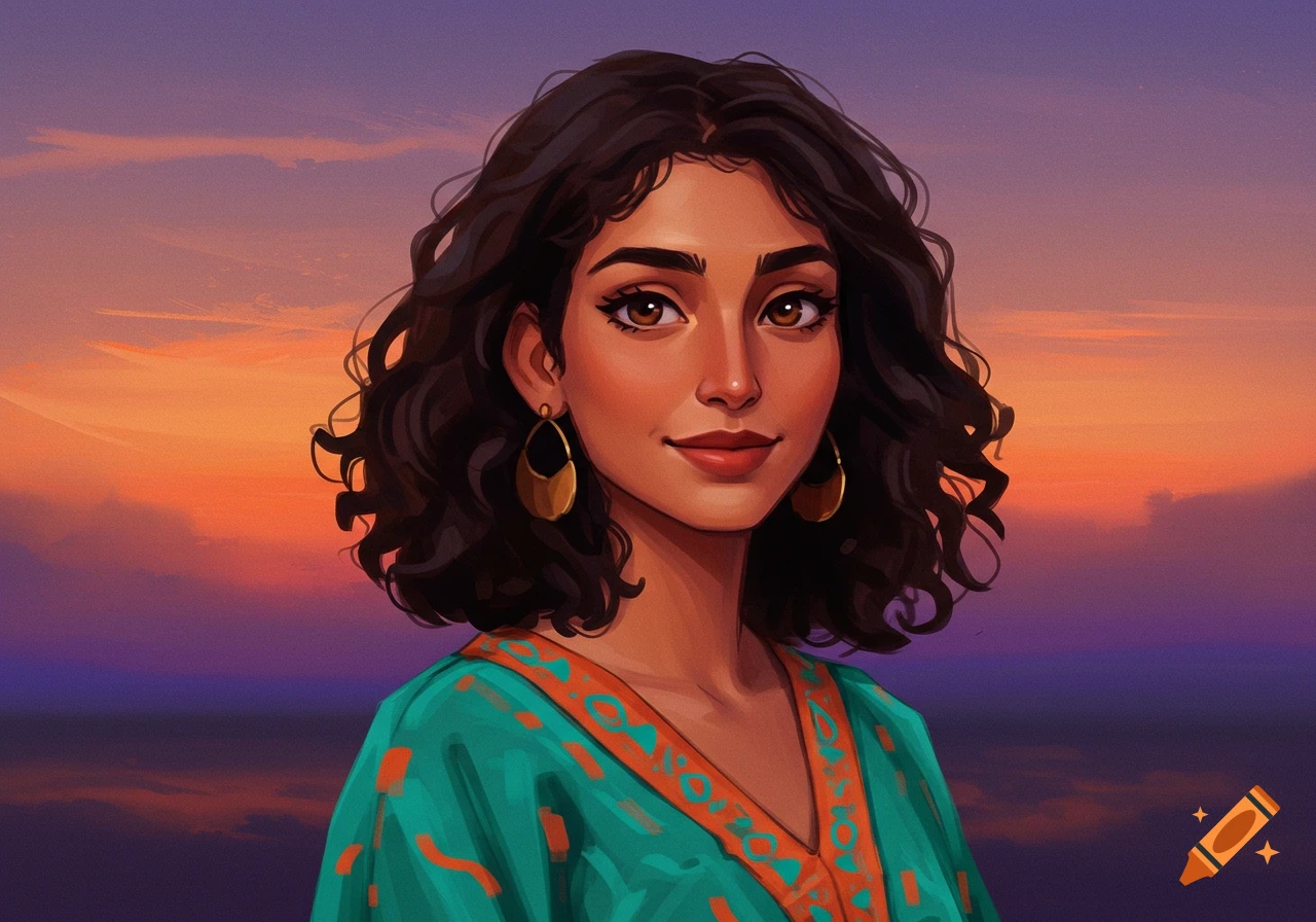 A stylized digital portrait of a woman with dark curly hair and a teal ...