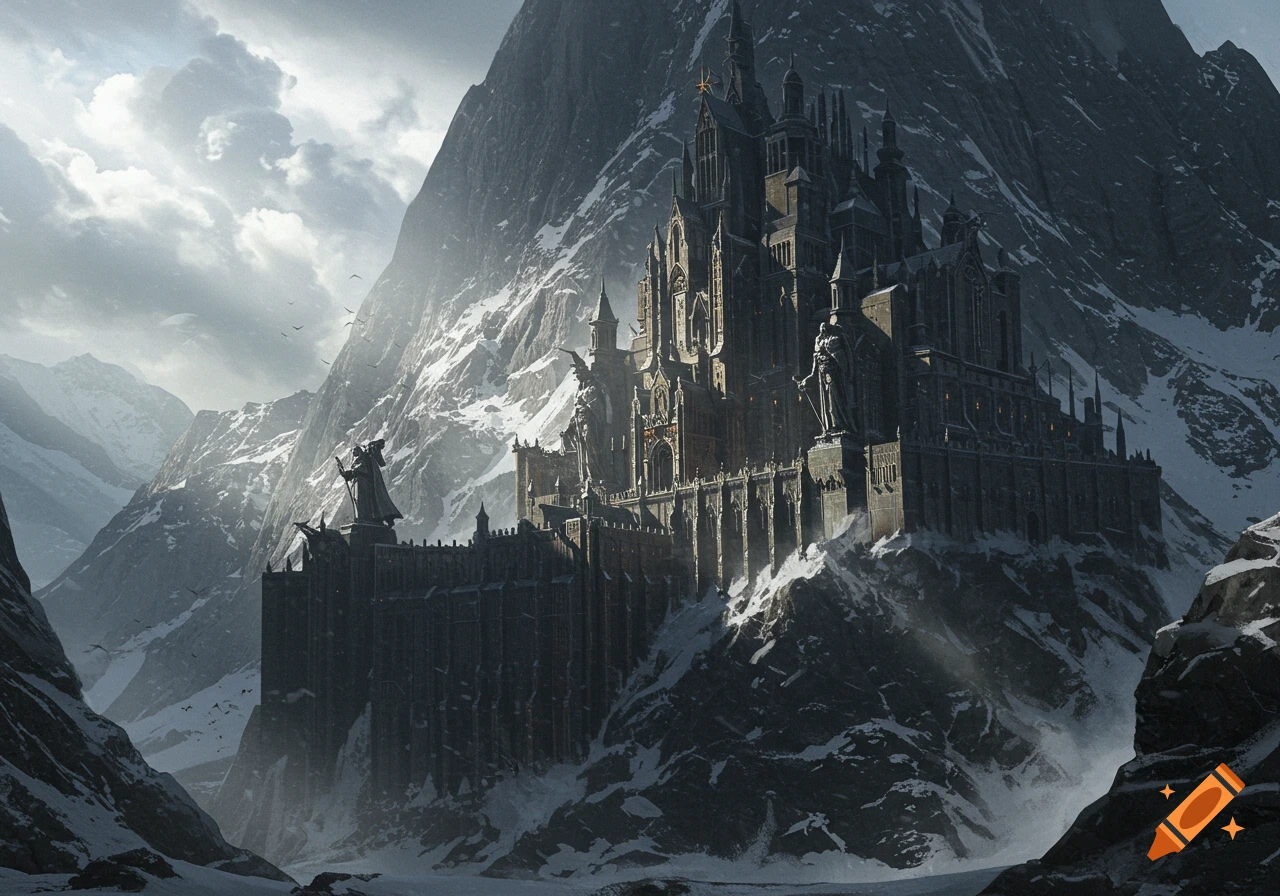 A dark fortress built into a snowy mountain range, with statues on the walls.