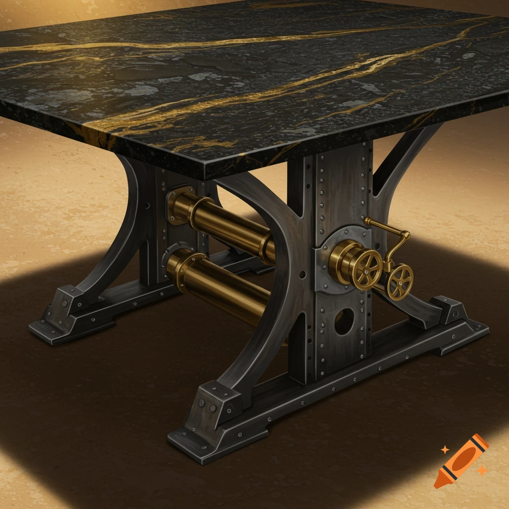 A black and gold marble-topped table with a dark metal base featuring brass pipes and gears, inspired by steampunk locomotive design.