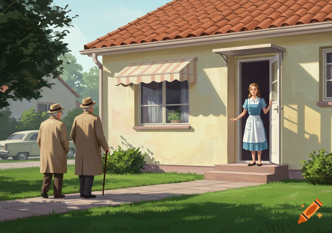 Illustration of a woman standing at a house doorway as two elderly people approach on the walkway.