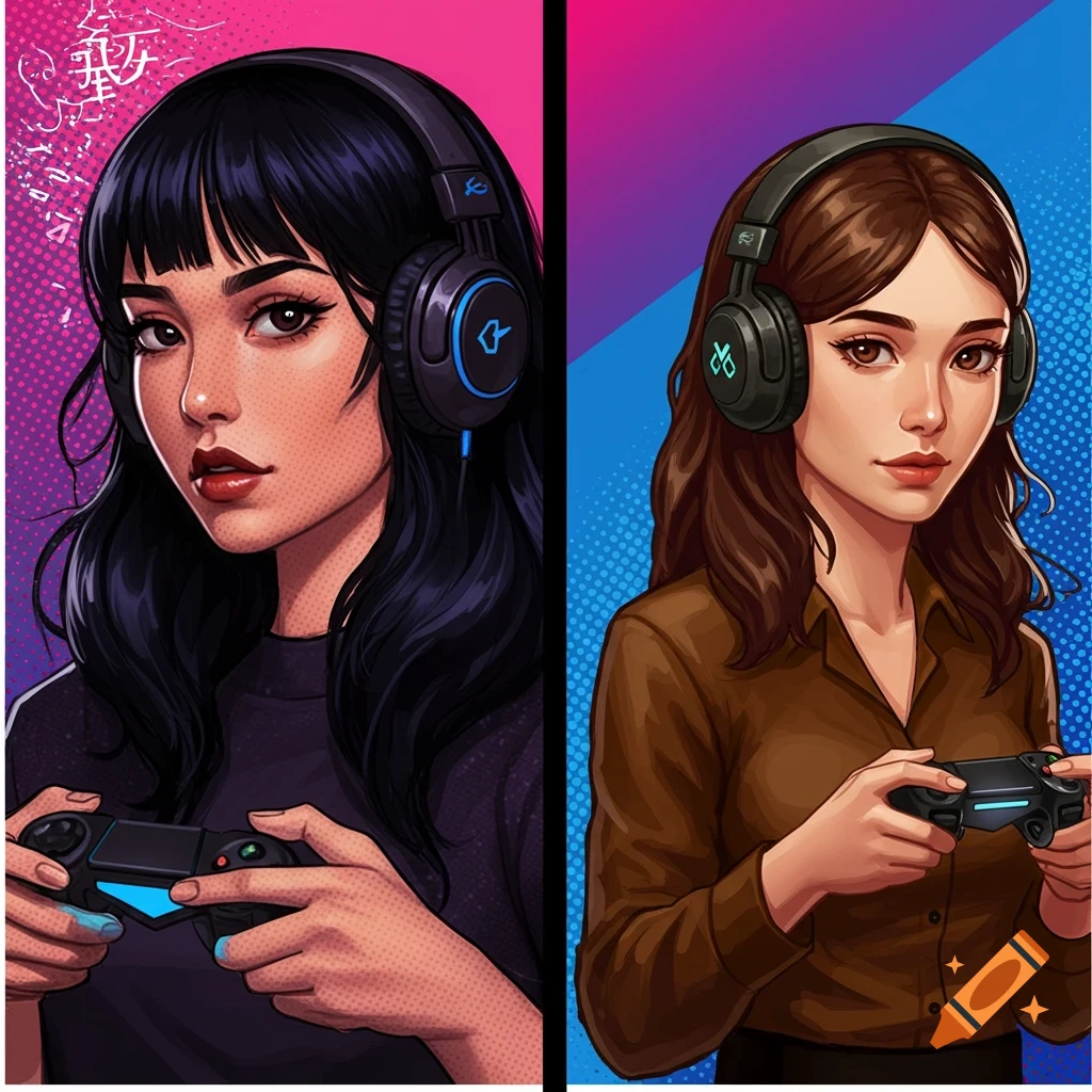 Two illustrated women wearing headphones and holding gaming controllers, set against a vibrant pop art background.