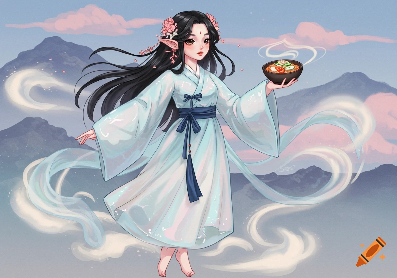 An anime-style fairy with black hair and pointed ears, wearing a light blue dress, floats in the sky holding a bowl of noodles. Mountains are in the background.