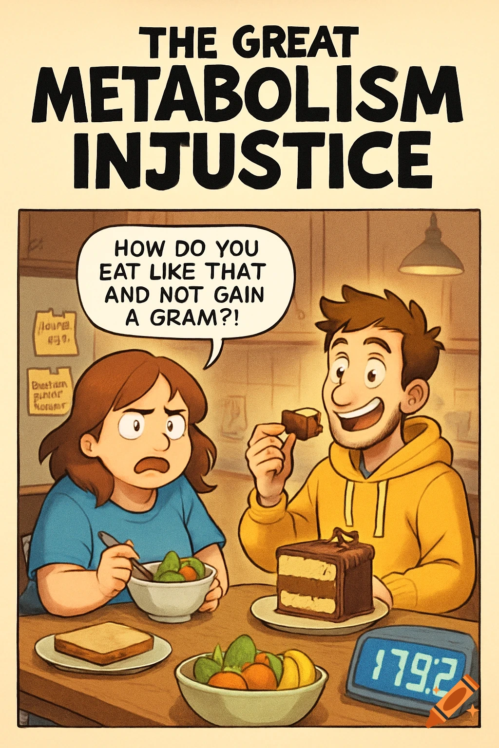 A cartoon comic panel titled 'The Great Metabolism Injustice' shows a girl eating salad looking shocked at a man cheerfully eating cake. Text says 'How do you eat like that and not gain a gram?!'.