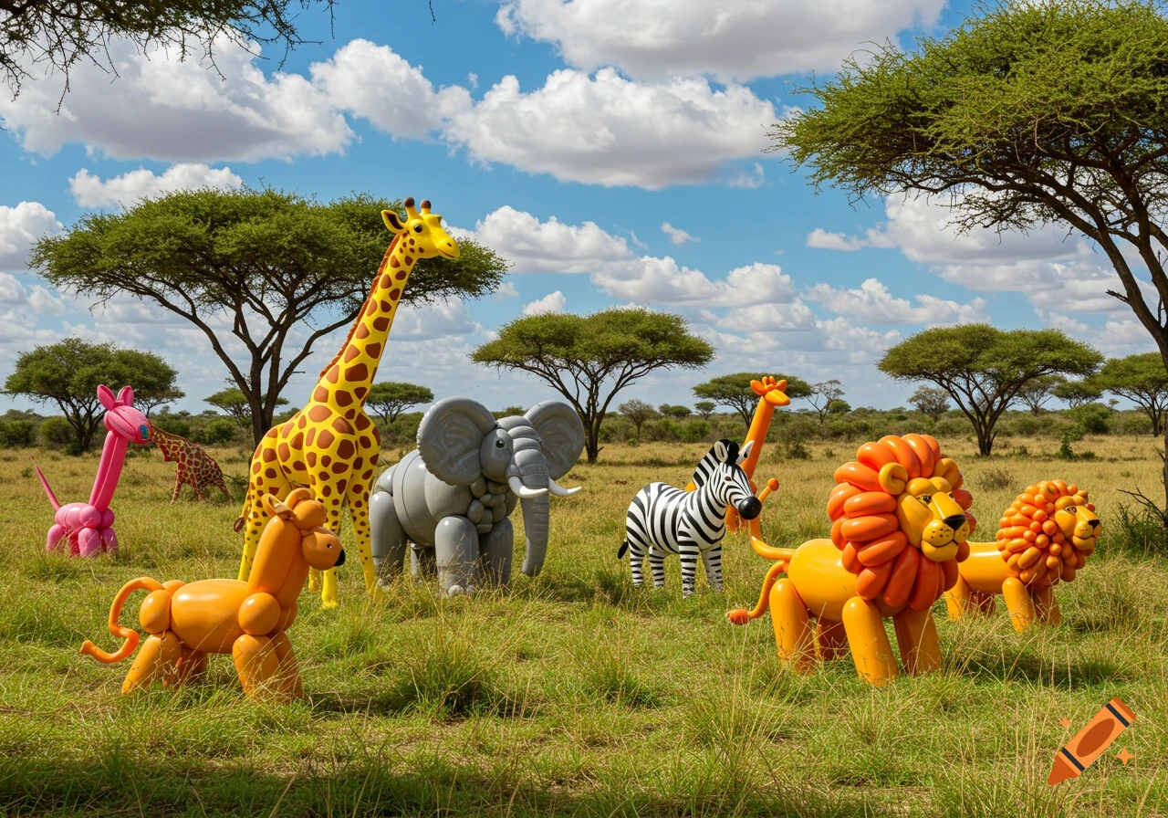Photorealistic image of various balloon animals, including a giraffe, elephant, zebra, and lions, in a sunny savanna landscape.