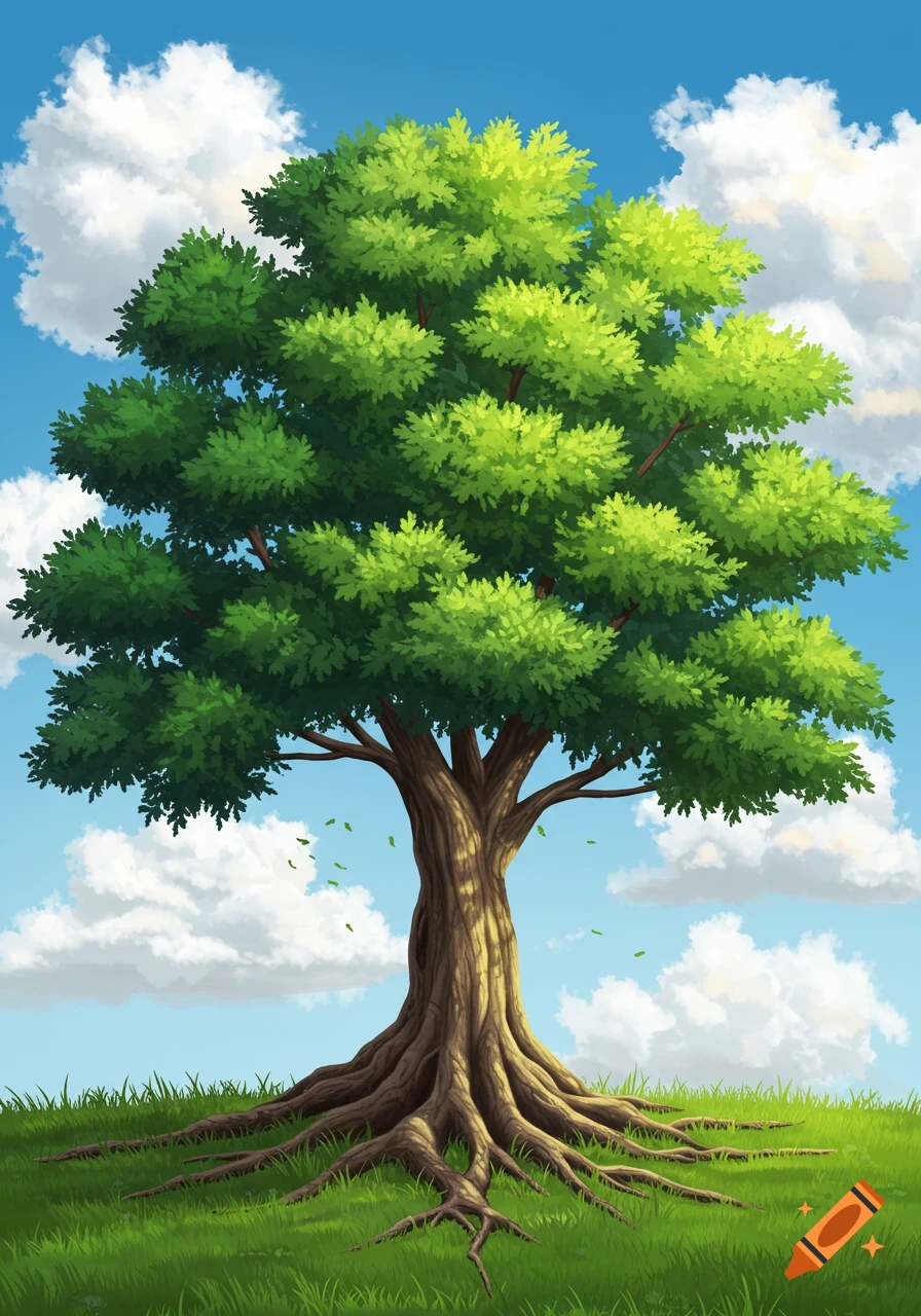 A large tree with exposed roots on a grassy hill under a blue sky with clouds.