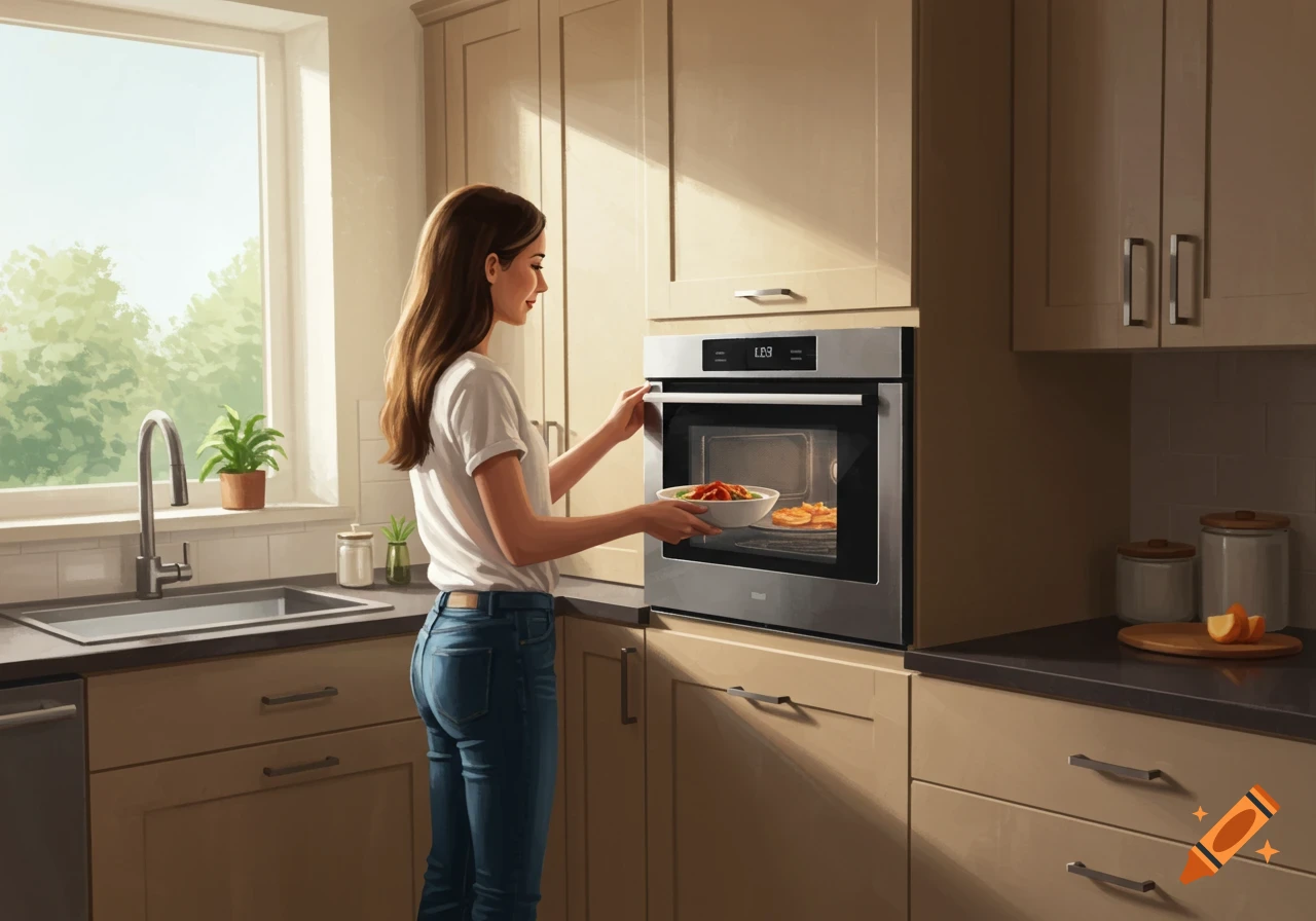 A woman in a modern kitchen places a bowl of food into a built-in oven, sunlight streams through the window.