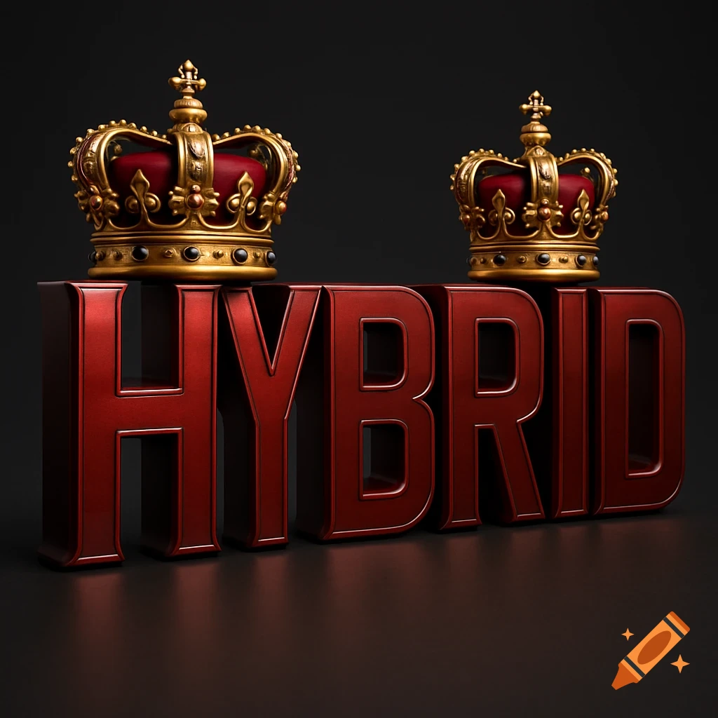 A hyper-realistic 3D render of the word 'HYBRID' in red metallic block letters, with two ornate golden crowns resting on top, set against a dark background.