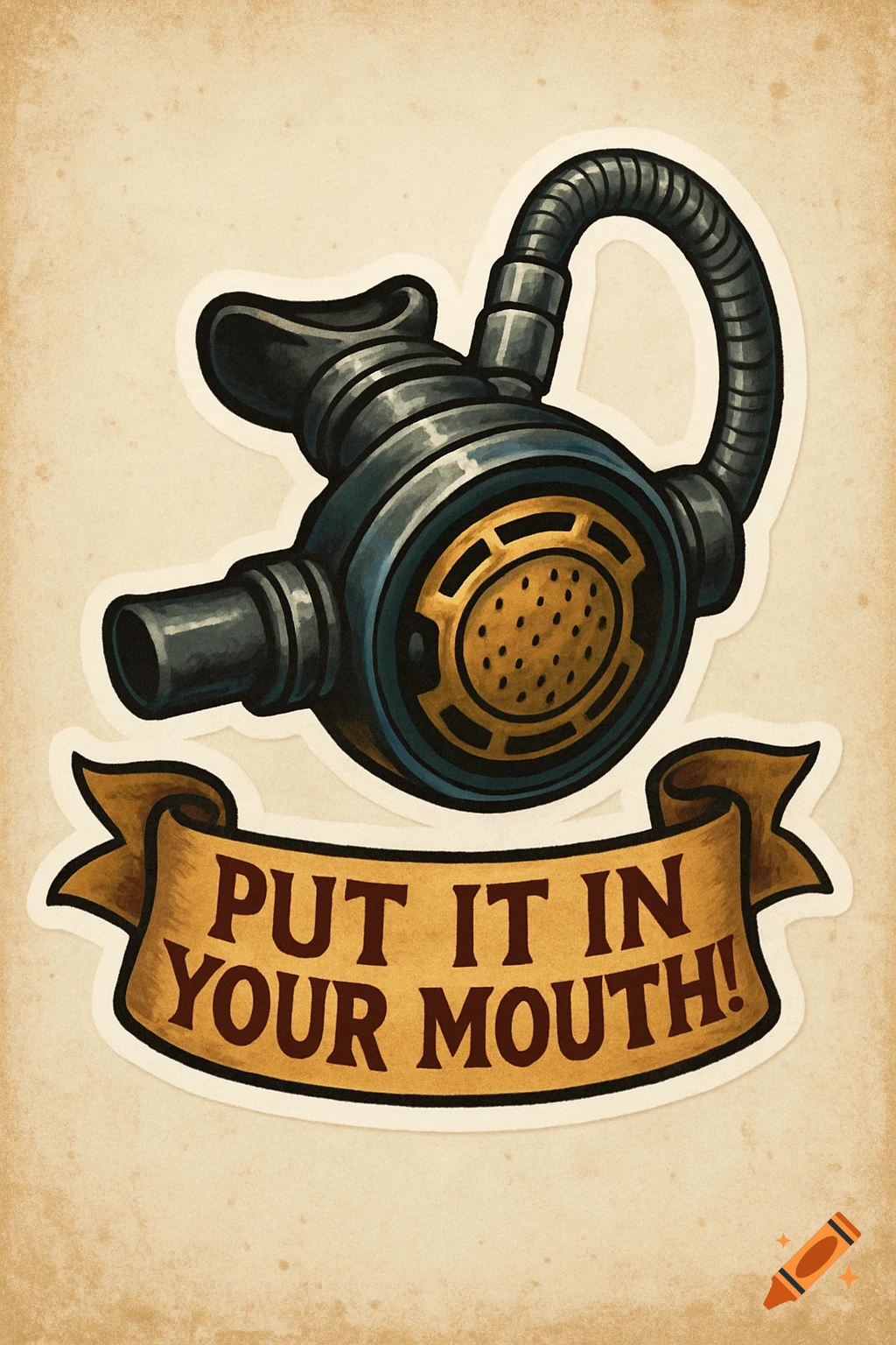 Sticker design of a scuba regulator with a banner reading 'Put it in your mouth!'
