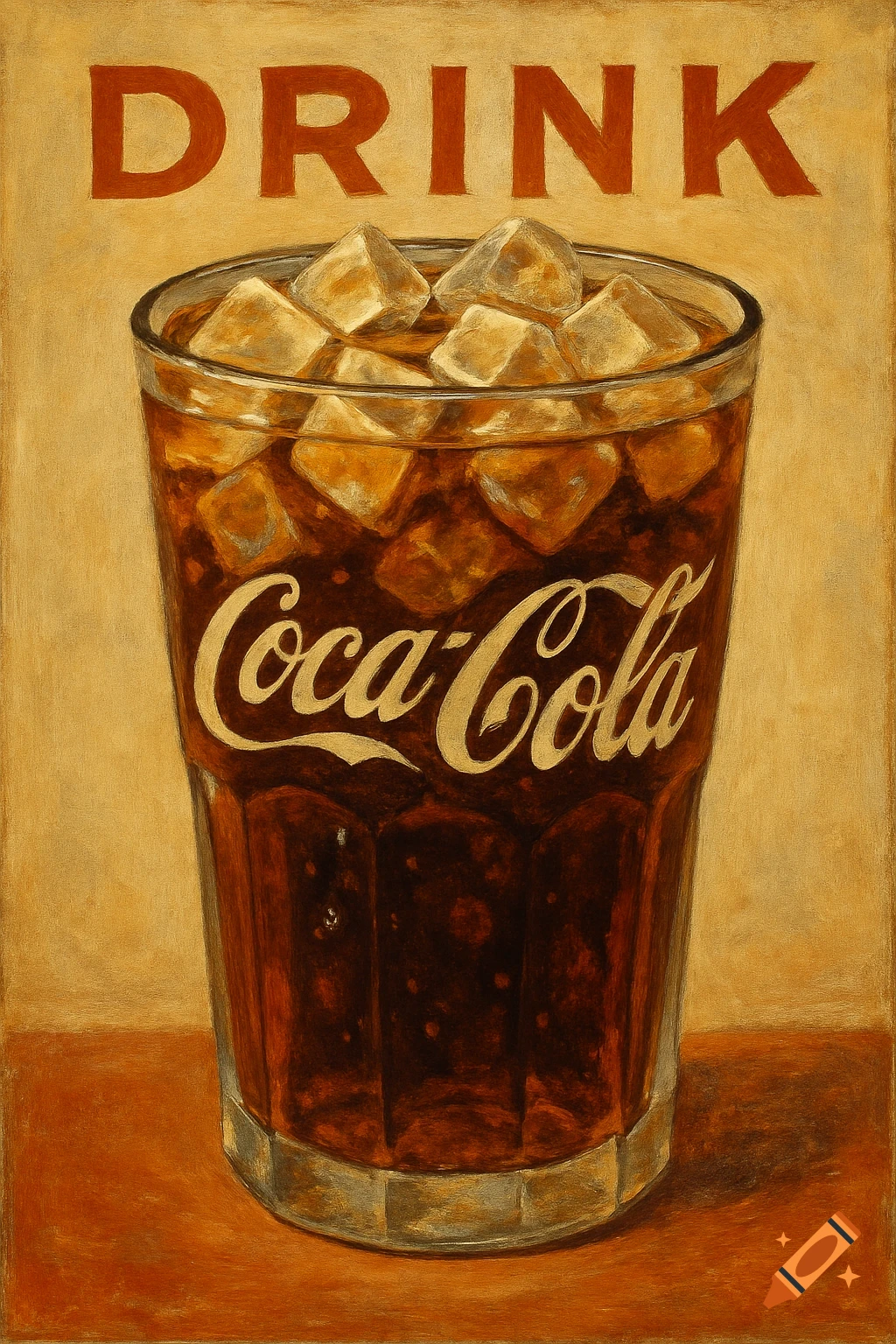 Vintage advertisement for Coca-Cola, featuring a glass of soda with ice, and the word "DRINK" above it, rendered in a painterly style.