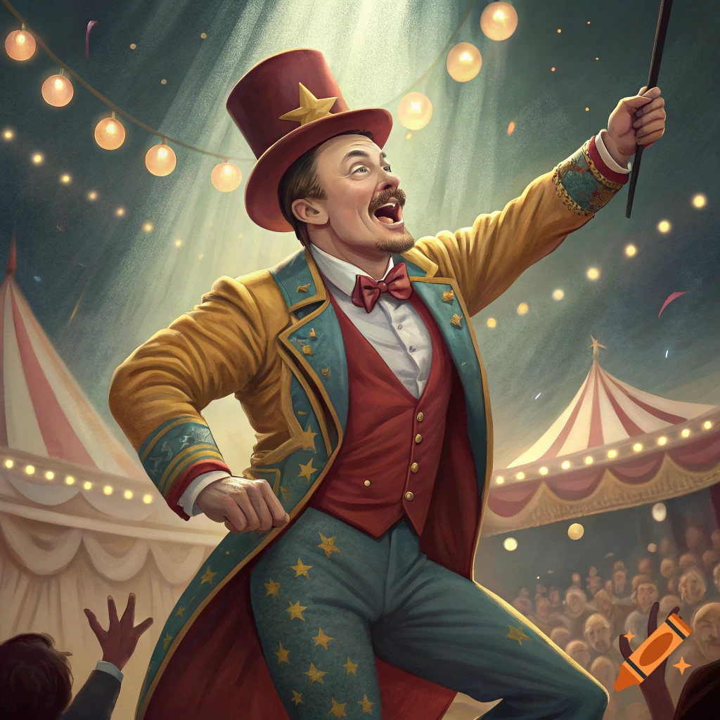 Man in a circus ringmaster costume with a top hat performing under lights.