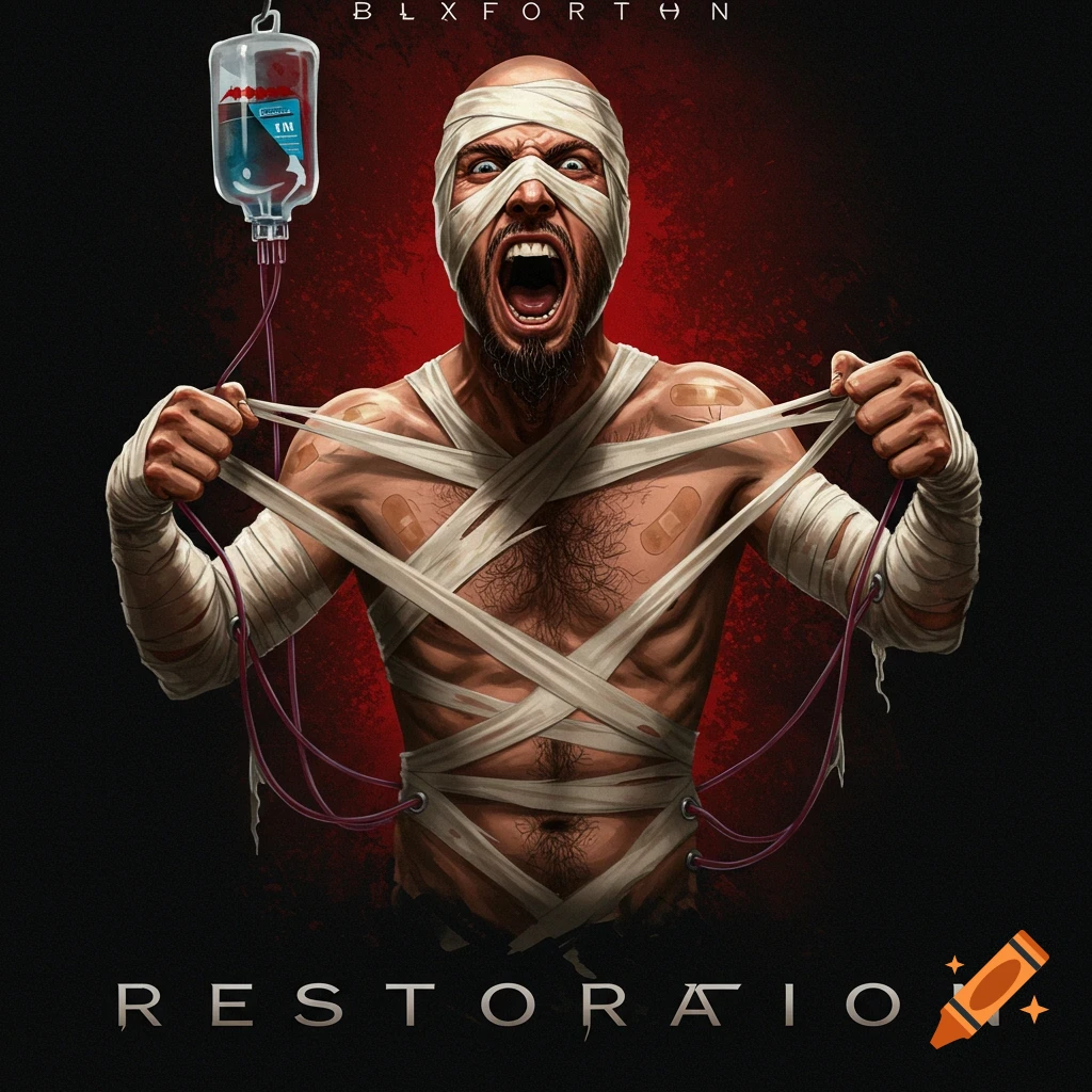 Illustration of a screaming man wrapped in bandages, pulling at bandages and IV tubes, on a dark red and black background.
