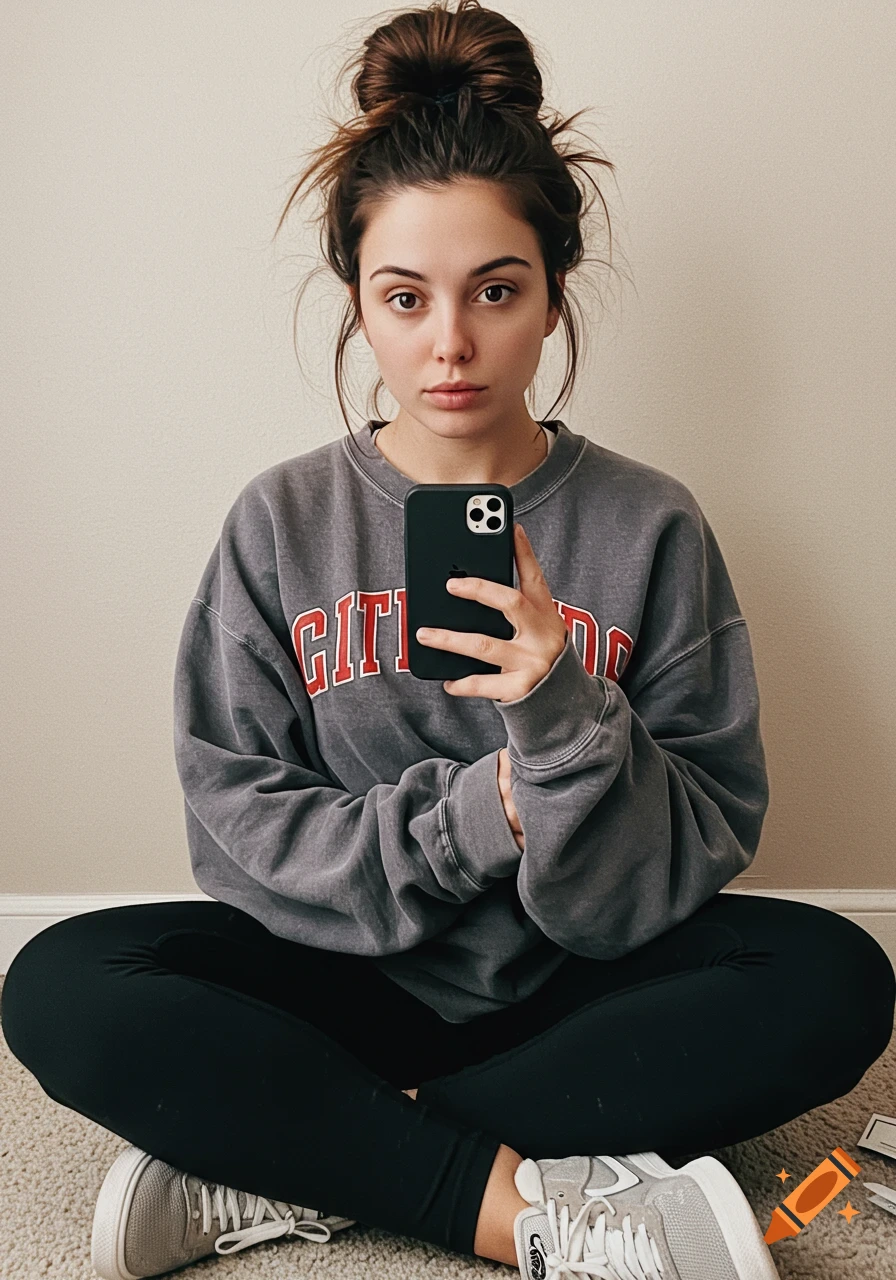 A woman sits cross-legged on the floor, wearing a gray sweatshirt and black leggings, holding a phone and looking at the camera.