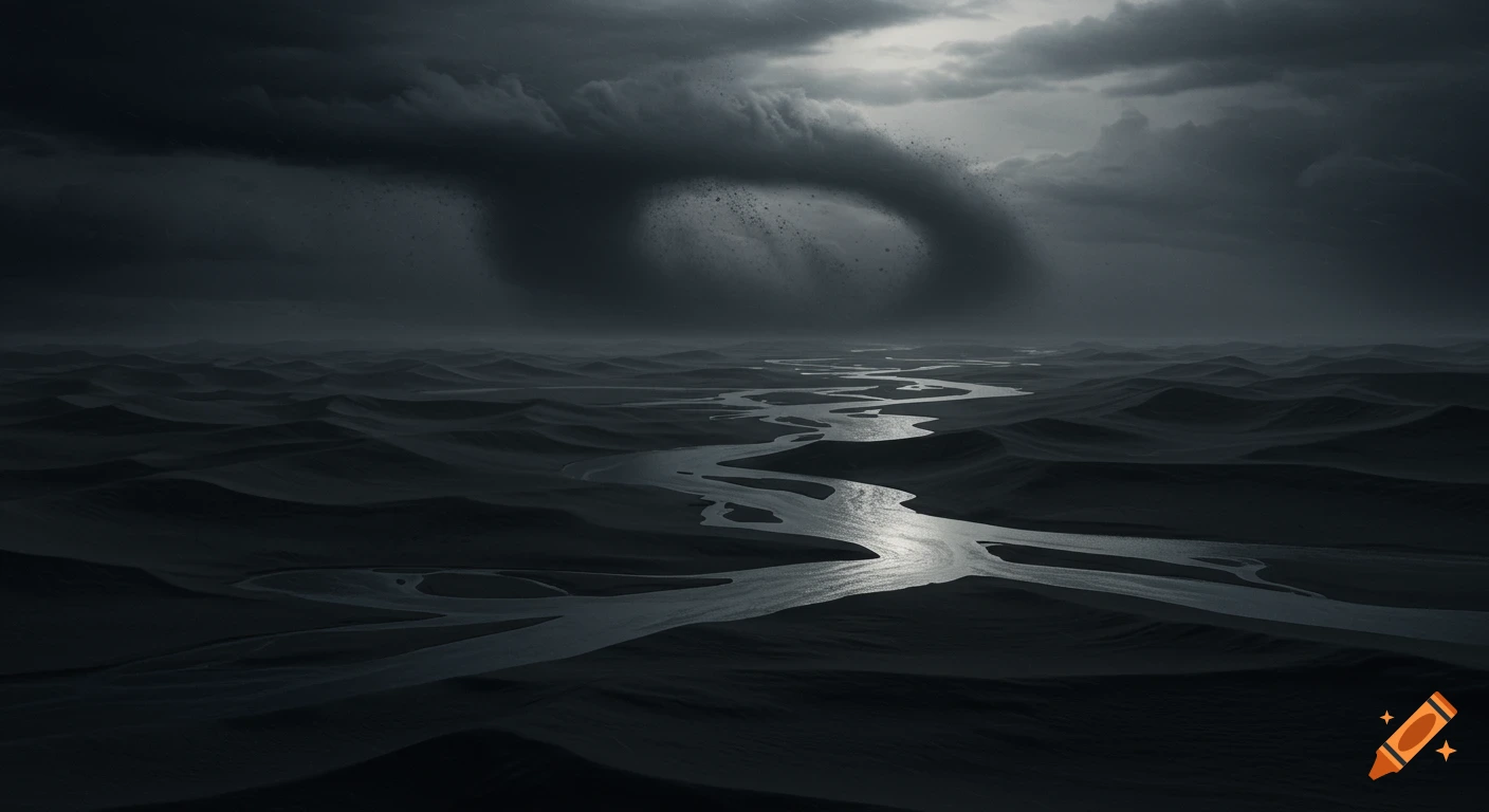 A dark, surreal landscape with wavy terrain, a winding reflective river, and a swirling storm cloud overhead.