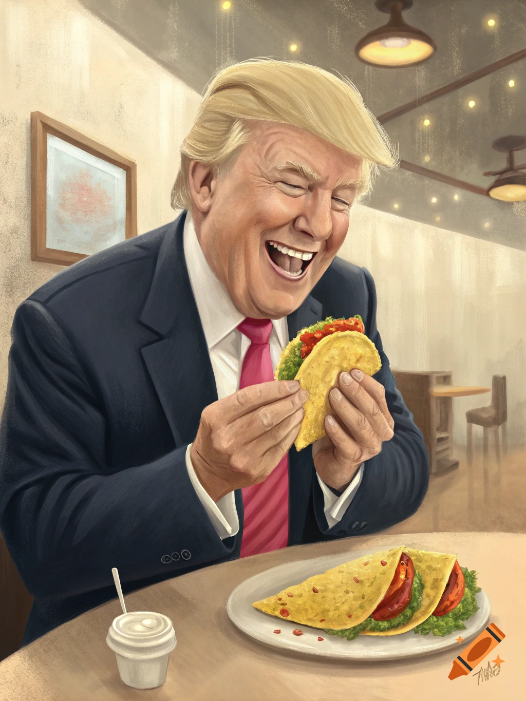 Digital painting of Donald Trump laughing while eating a taco at a table with more tacos.