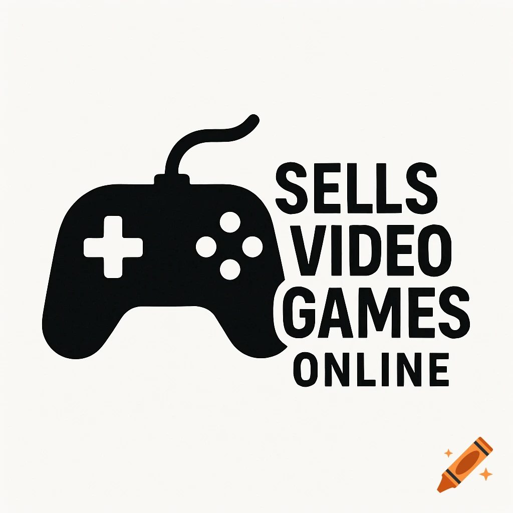 A black silhouette of a video game controller next to the text "SELLS VIDEO GAMES ONLINE" on a white background.
