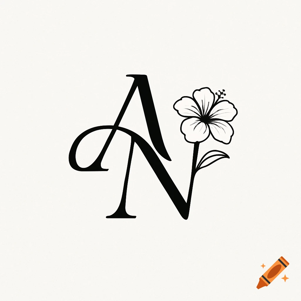 Black and white elegant monogram of letters AN intertwined with a hibiscus flower.