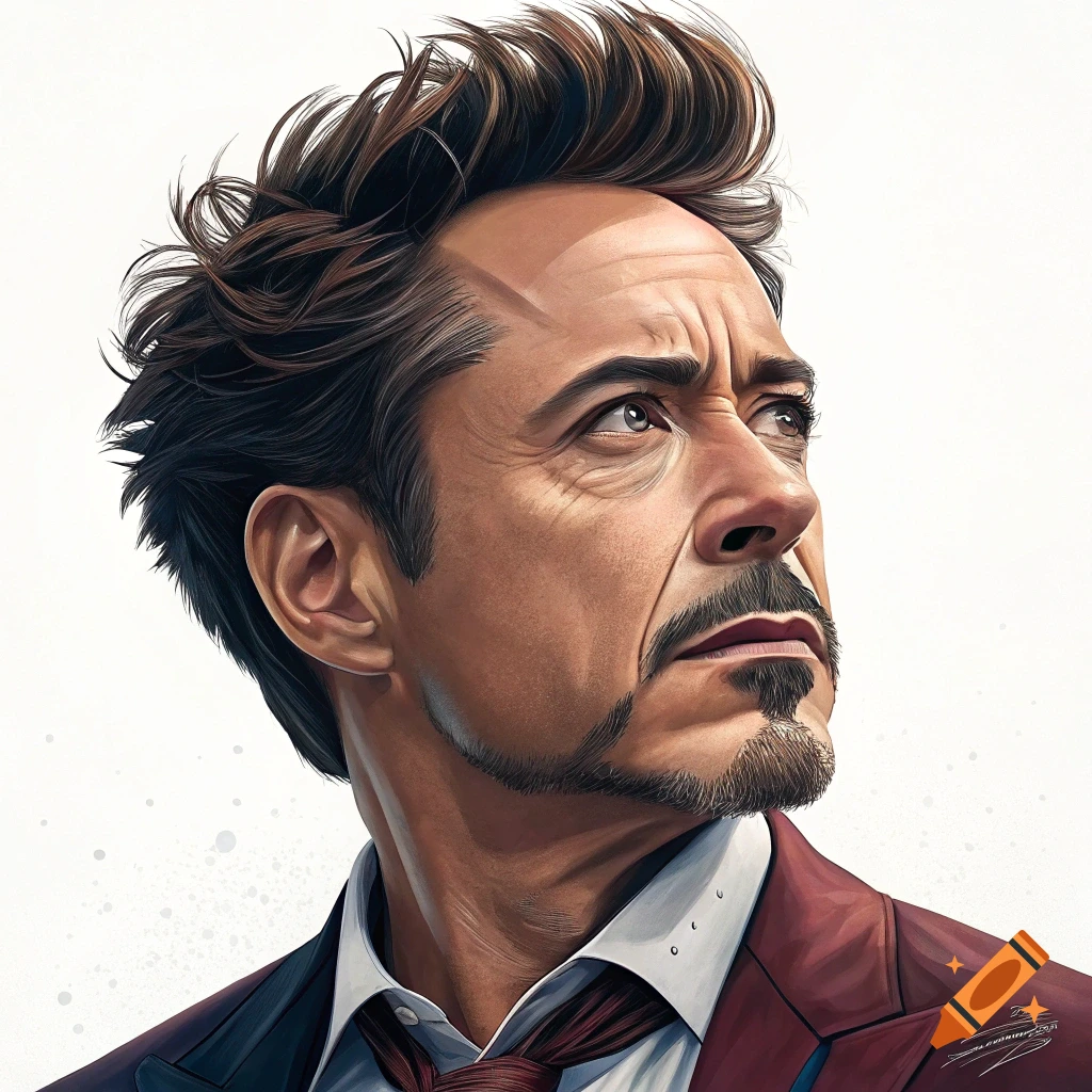 Stylized portrait of Robert Downey Jr. looking up and to the right.