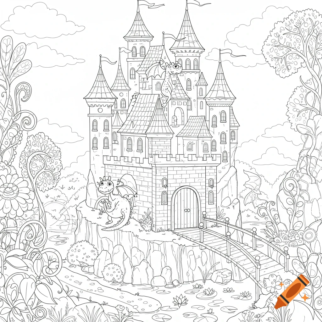 Fantasy castle with dragons in a detailed coloring book line art style.