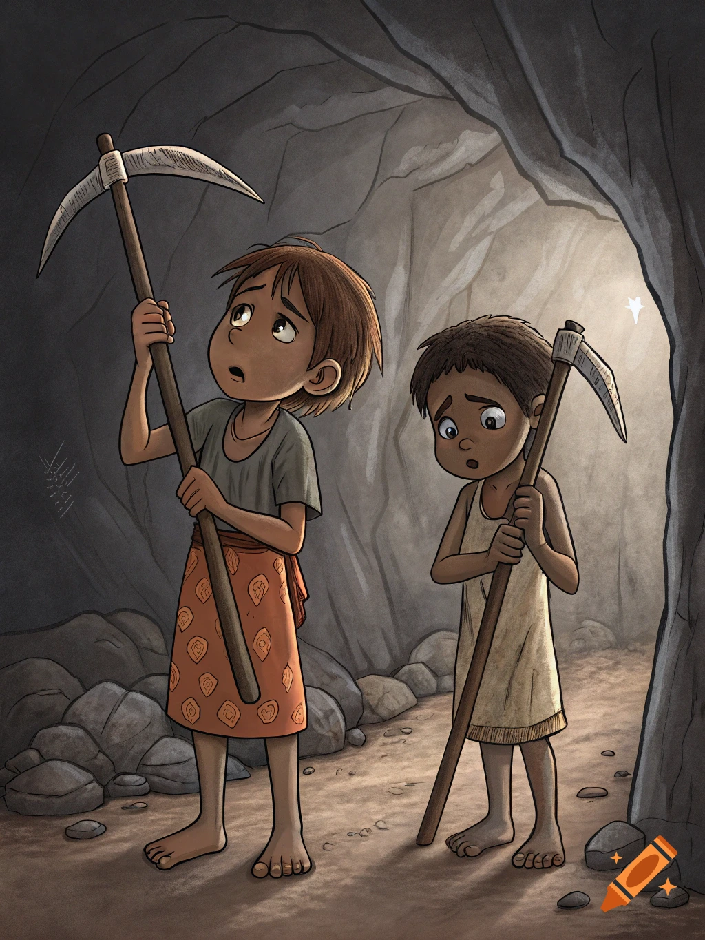 Two sad cartoon children hold pickaxes inside a dark mine.