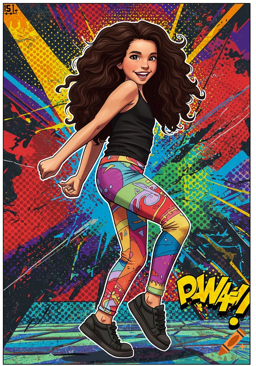 Comic art illustration of a girl in colorful leggings striking a pose with a pop art background.