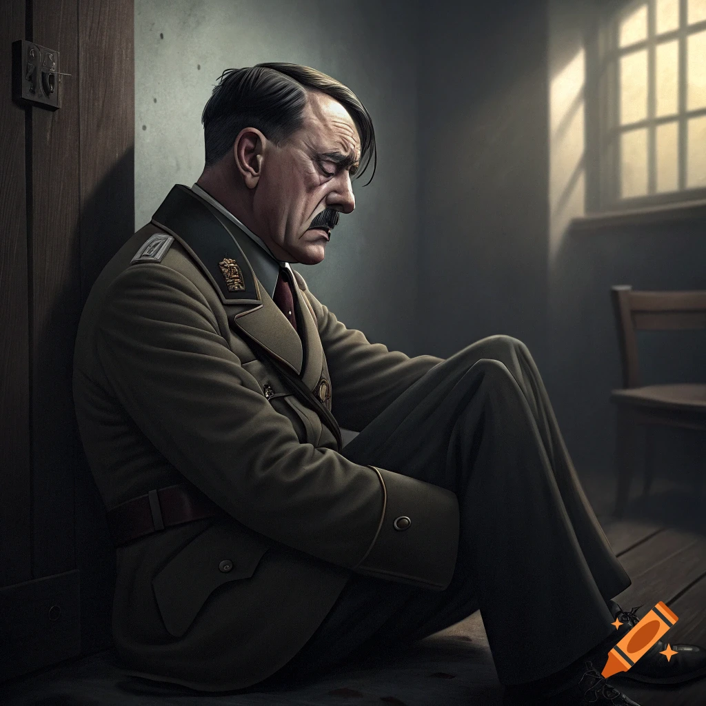 Realistic illustration of Adolf Hitler sitting on the floor in a dim room, head bowed.