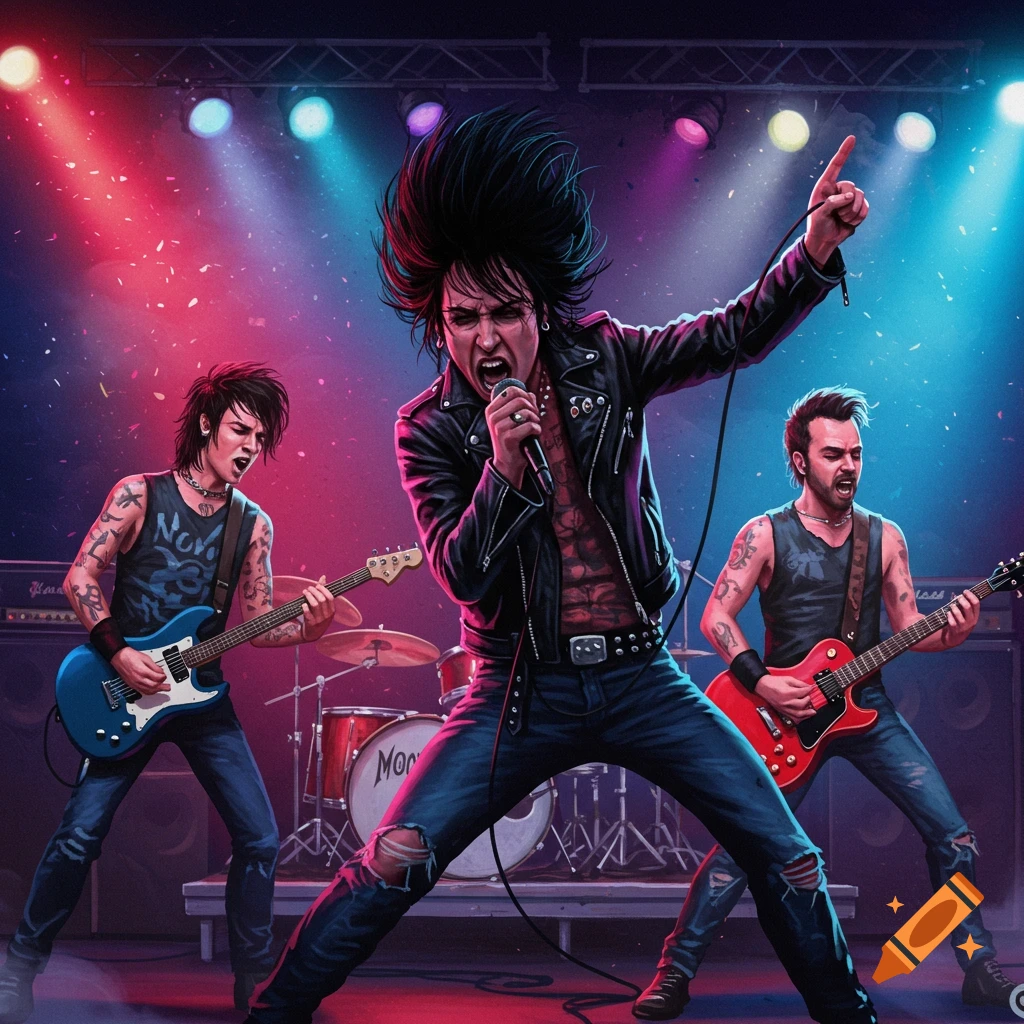 A rock band performs on stage under colorful lights. The singer is center with a microphone, and guitarists are on either side.