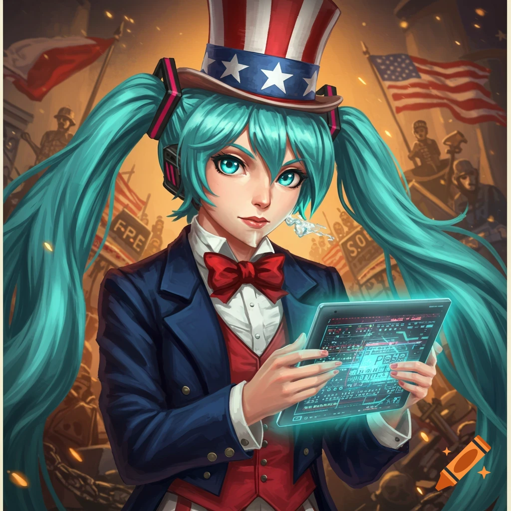 An anime character resembling Hatsune Miku, dressed as Uncle Sam, holds a glowing tablet amidst American flags.