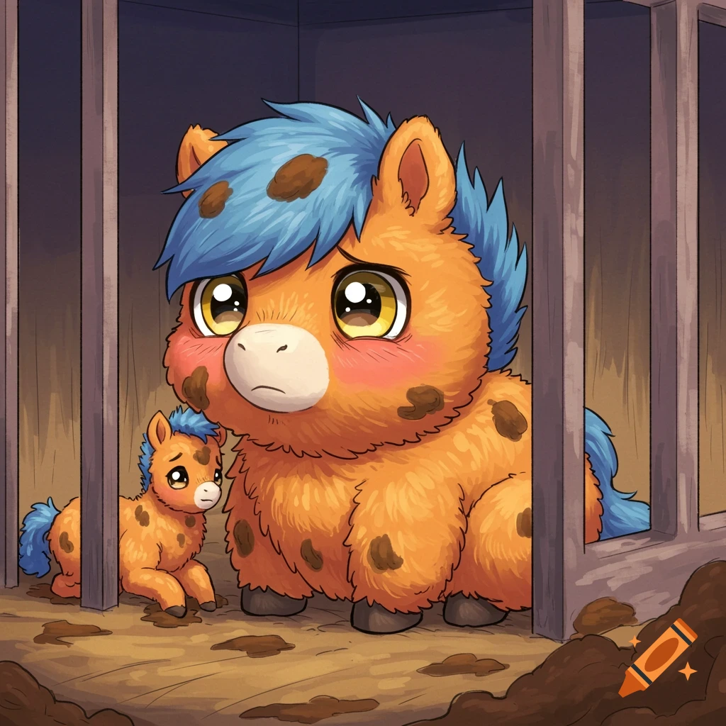 Two sad, fluffy orange and blue cartoon horses in a cage covered in dirt.