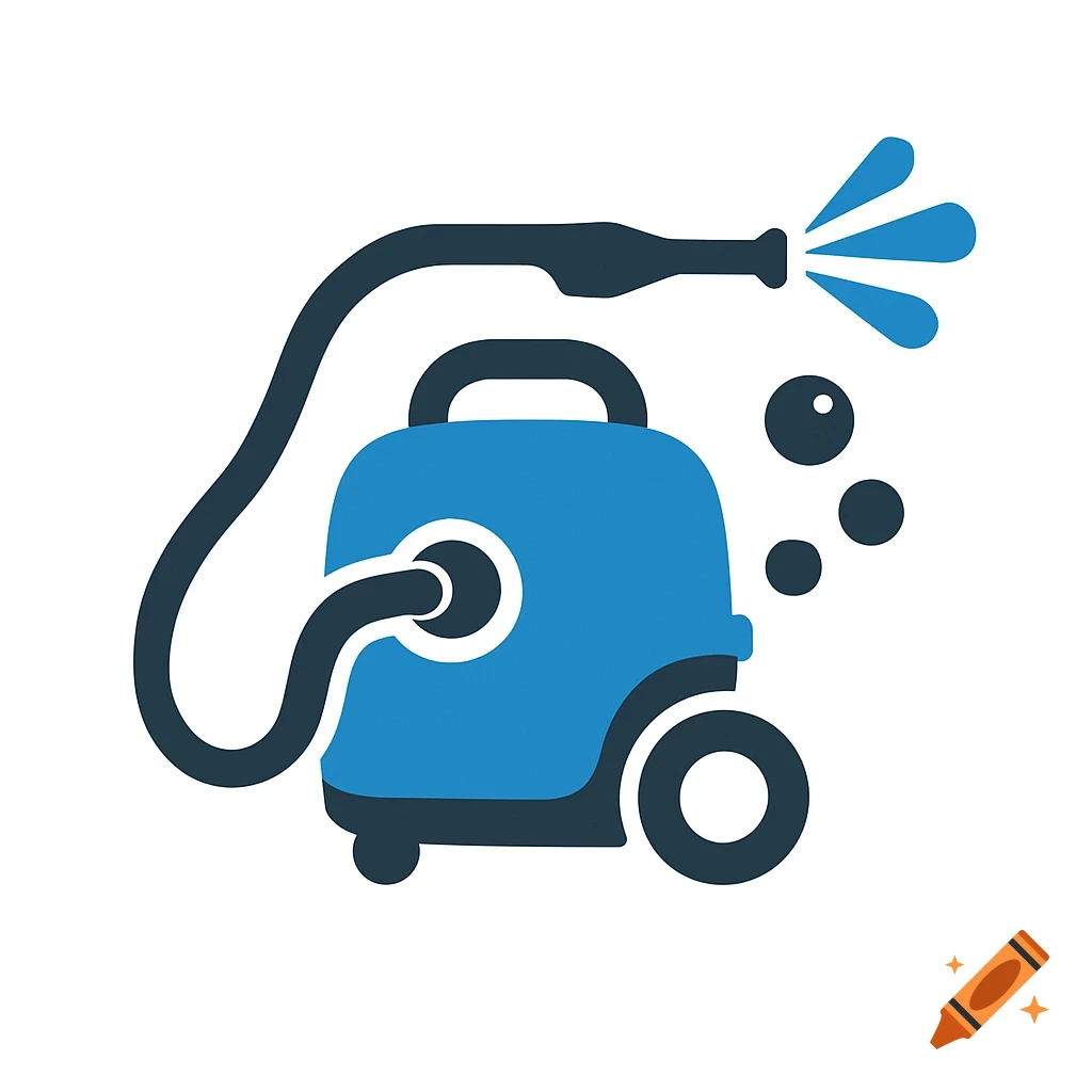 Blue and dark gray icon of a vacuum power washer hybrid spraying water with bubbles on a white background.