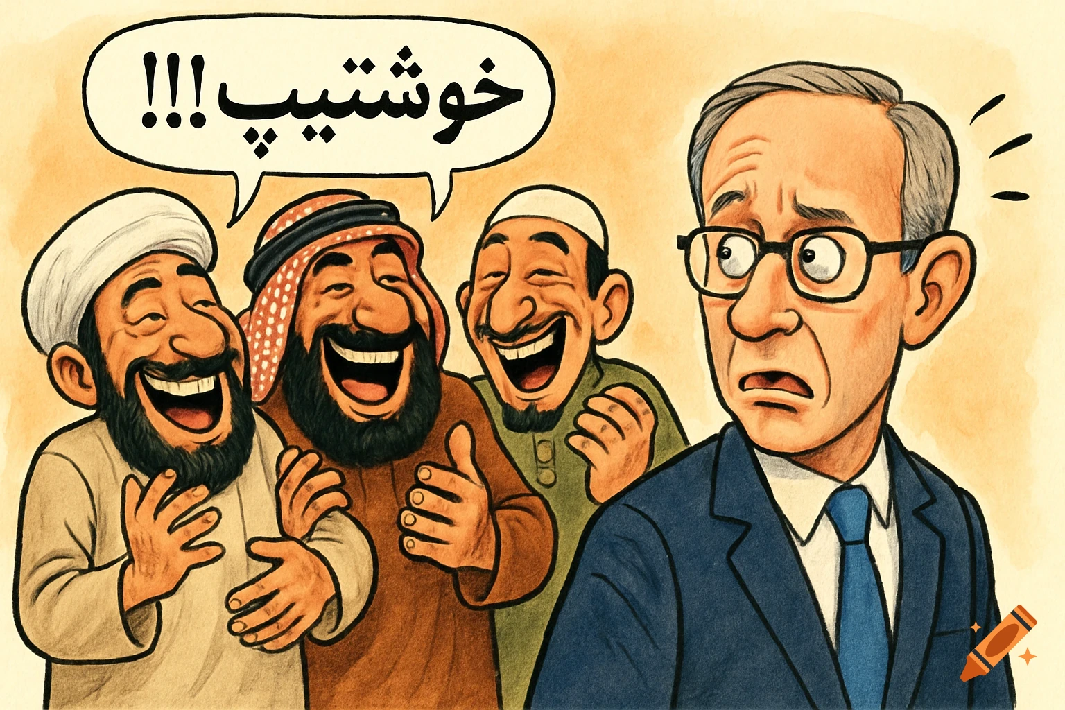 A political cartoon depicts three laughing Middle Eastern men looking at a surprised Western man in a suit.