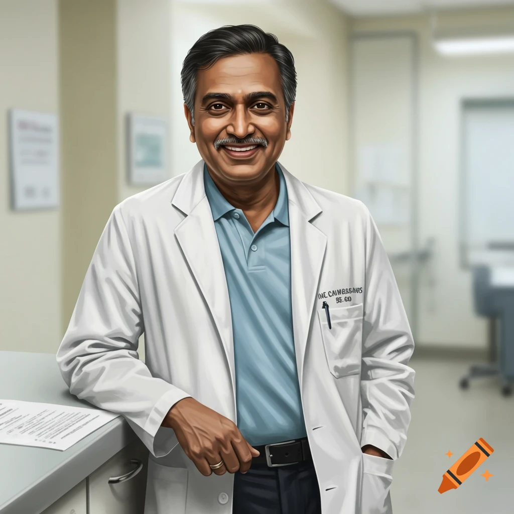 Smiling Indian doctor in a white lab coat and blue polo shirt, leaning against a counter in a medical setting.
