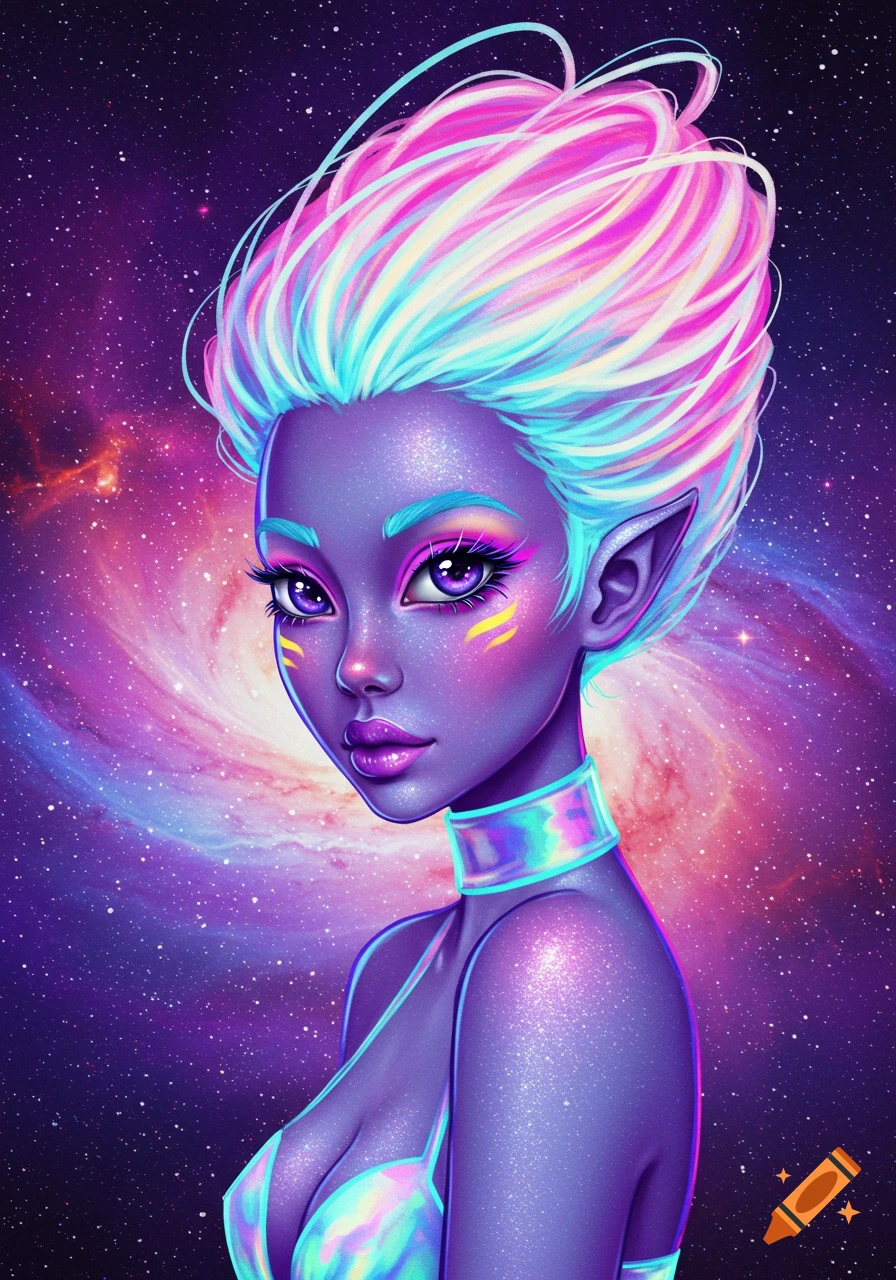 A stylized portrait of a purple-skinned alien girl with bright pink and blue hair against a starry galaxy background.
