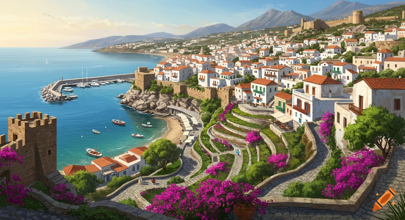 View of a fortified Mediterranean town nestled on cliffs above a harbor with terraced gardens, mountains in the background.