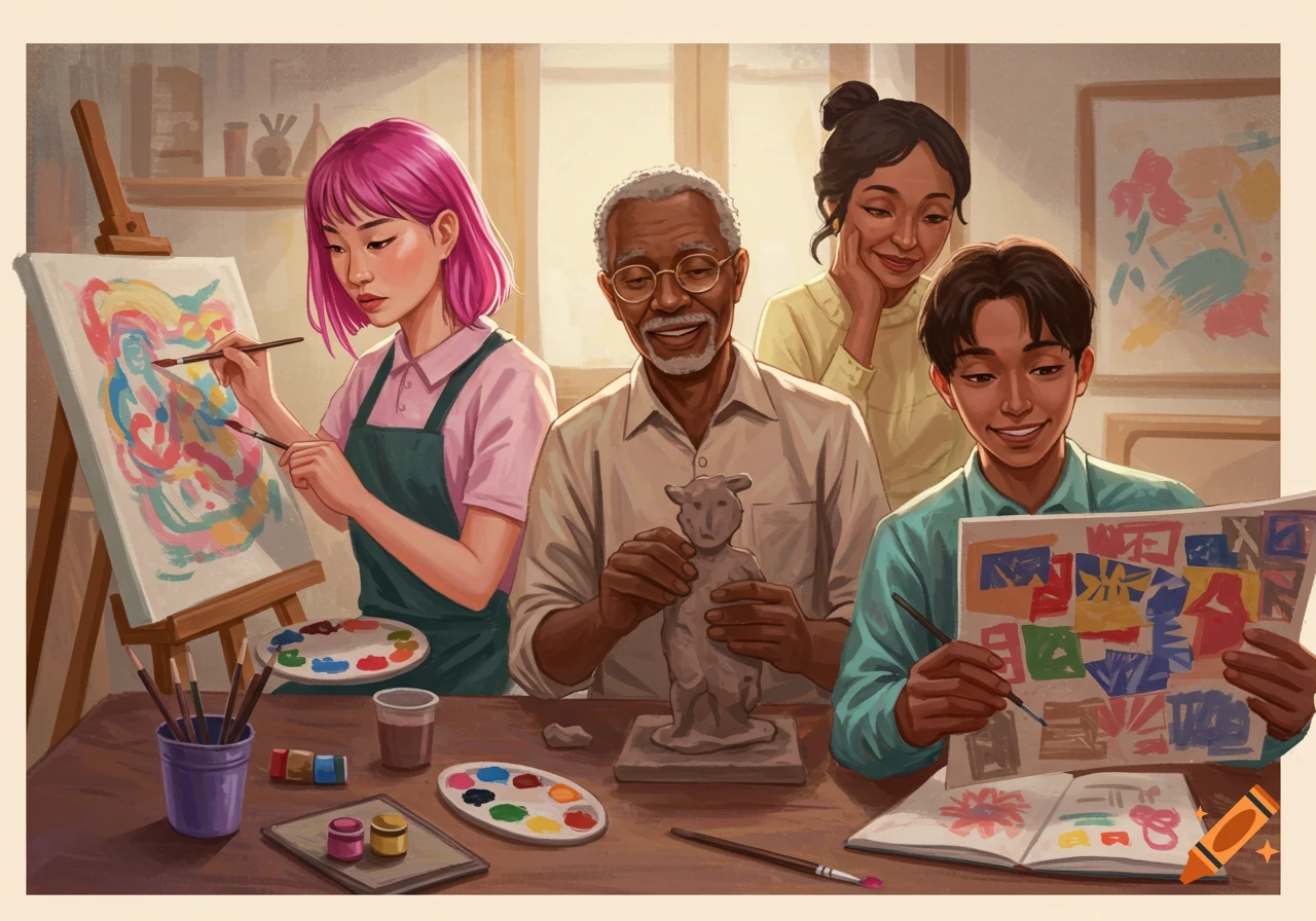 A diverse group of people painting and sculpting in a brightly lit art studio, showing colorful abstract art and a clay figure.