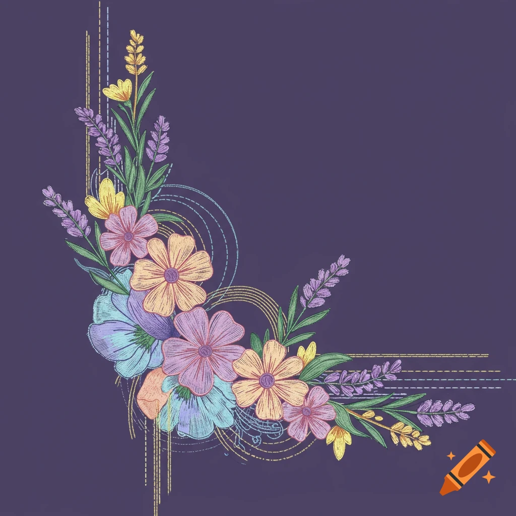 Hand-drawn embroidery-style illustration of colorful flowers and lavender in a corner arrangement on a purple background.